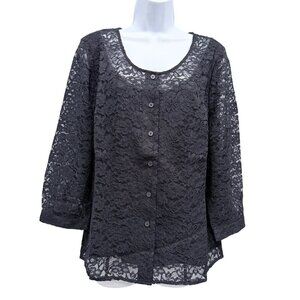 Isaac Mizrahi Black Lace Cardigan Button Up Top Career Event Whimsigoth Womens M